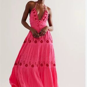 Free People Real Love Embroidered Dress Pink Maxi - XS